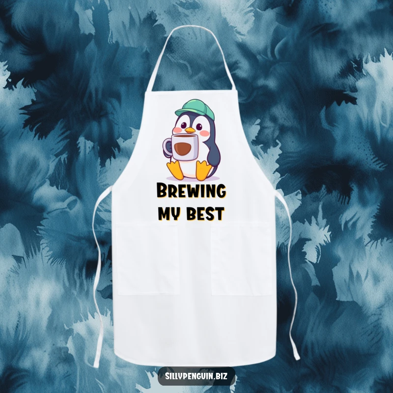 Funny Penguin Apron, surprised worker, holding a huge coffee mug, cooking and kitchen humor.