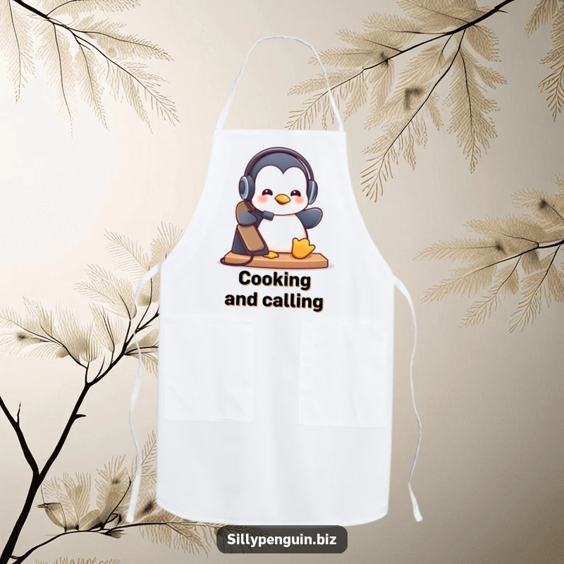 Funny Apron: Penguin in Headset Answering Ringing Desk Phone, welcoming kitchen accessory