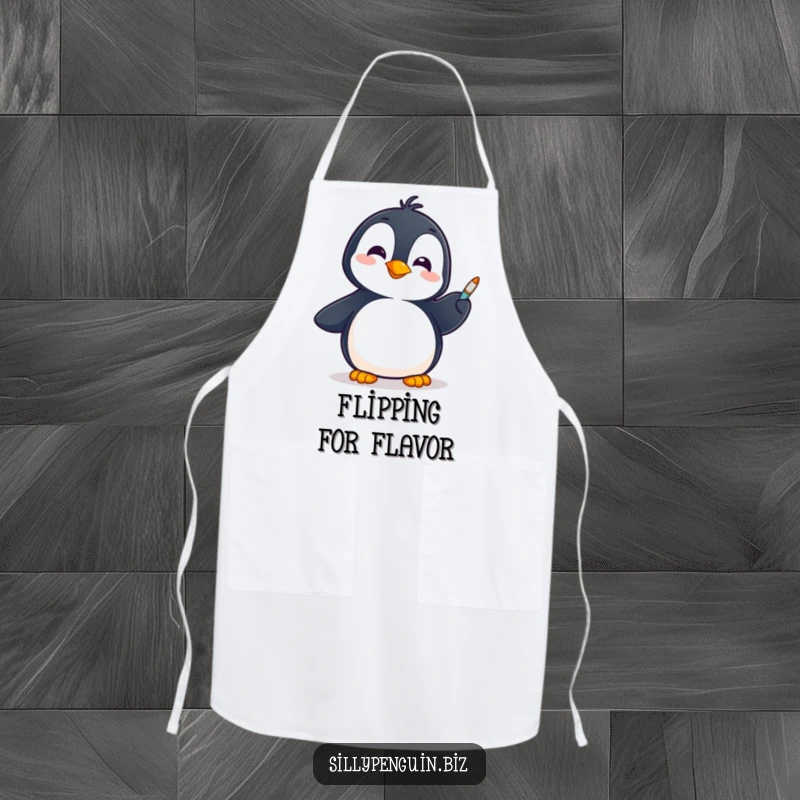 Funny Apron: Penguin Cheerful Expression Spinning a Pen on its Flipper, stylish kitchen accessory
