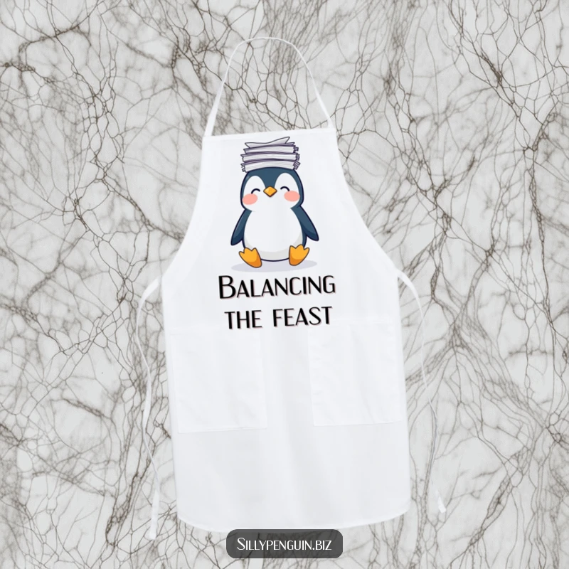 Funny Apron: Penguin Balancing Stack of Papers on Head, looking unsteady, kitchen humor