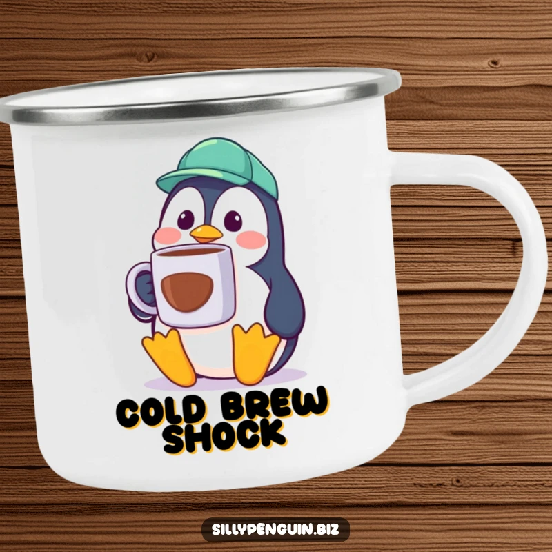 Funny Penguin Camping Mug, surprised cubicle worker, large coffee cup, sturdy and humorous drinkware.
