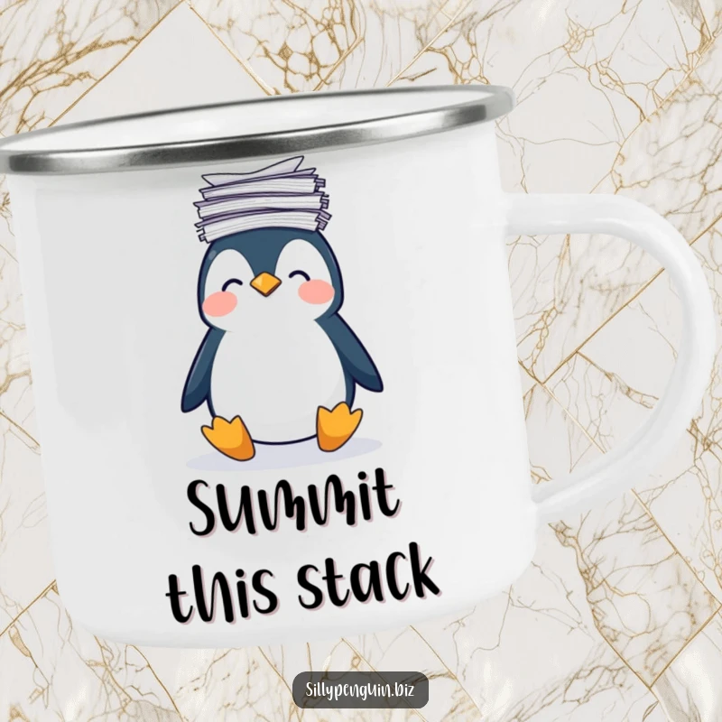 Funny Camping Mug: Penguin Balancing Stack of Papers on Head, looking unsteady outdoors