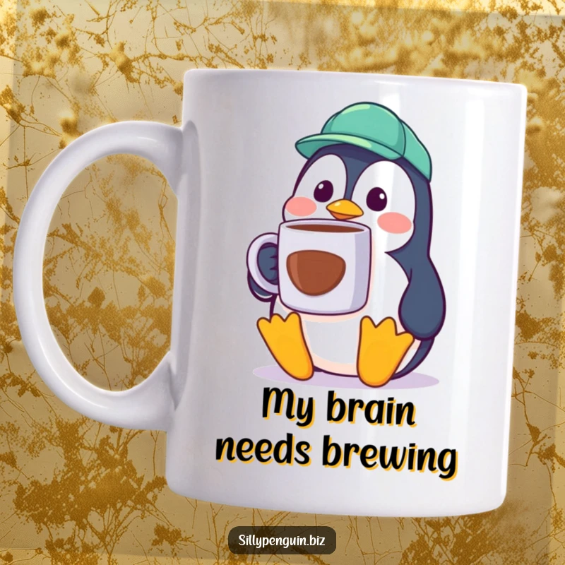 Funny Penguin Cubicle Worker Mug, surprised expression, holding a giant coffee cup, office humor gift.