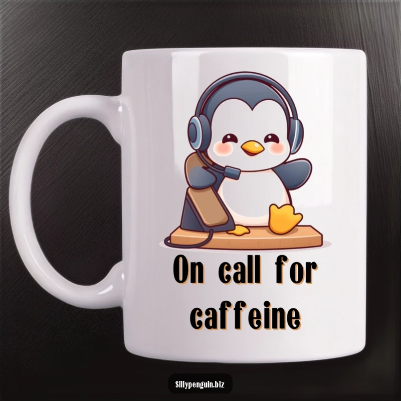 Funny Mug: A Penguin Wearing a Tiny Headset Playfully Answering a Ringing Desk Phone