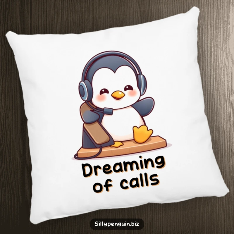 Funny Pillow: Penguin in Headset Playfully Answering a Ringing Desk Phone, soft and humorous