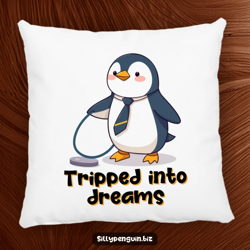 Funny Penguin Pillow, wearing a tiny tie, tripping over a computer cable, soft and humorous decor.