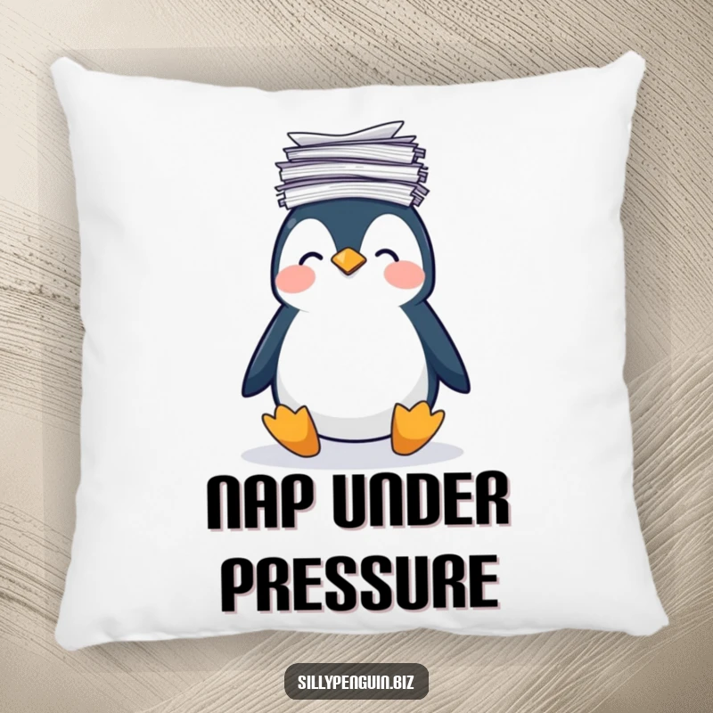 Funny Pillow: Penguin Balancing a Stack of Papers on its Head, looking unsteady, soft and funny
