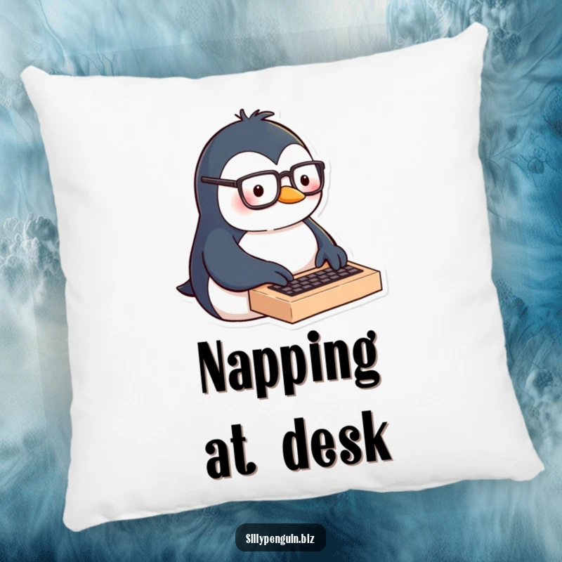 Funny pillow featuring a penguin wearing glasses, diligently and enthusiastically typing on a miniature keyboard.