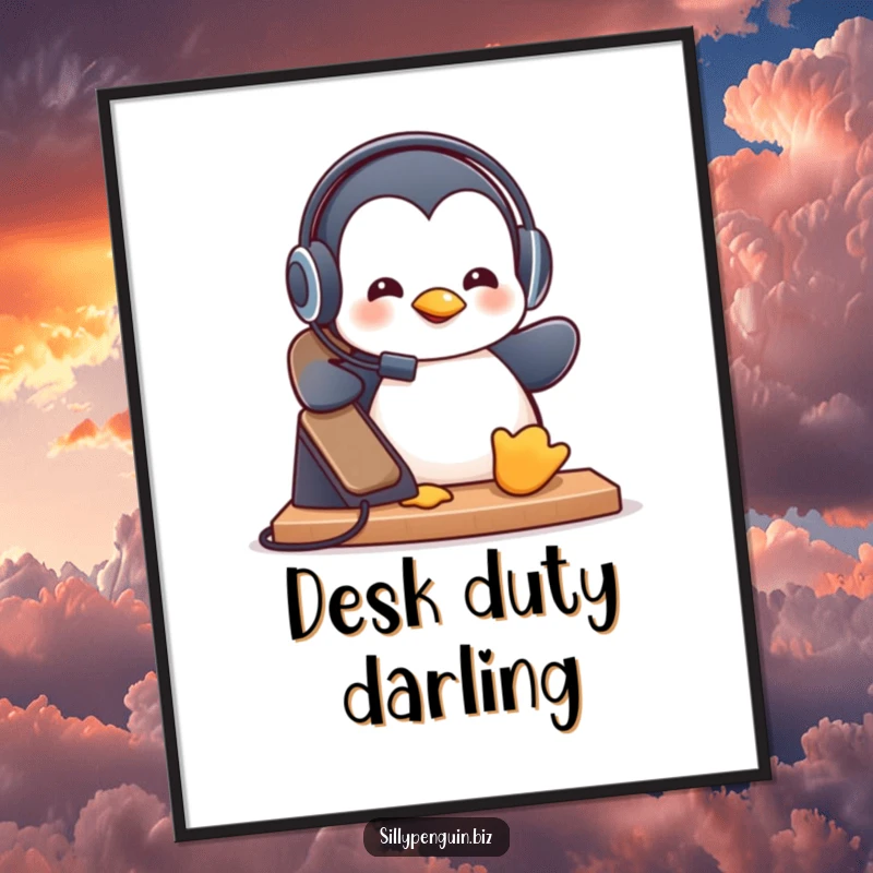 Funny Digital Art Print: Penguin Wearing a Tiny Headset, Playfully Answering a Ringing Desk Phone