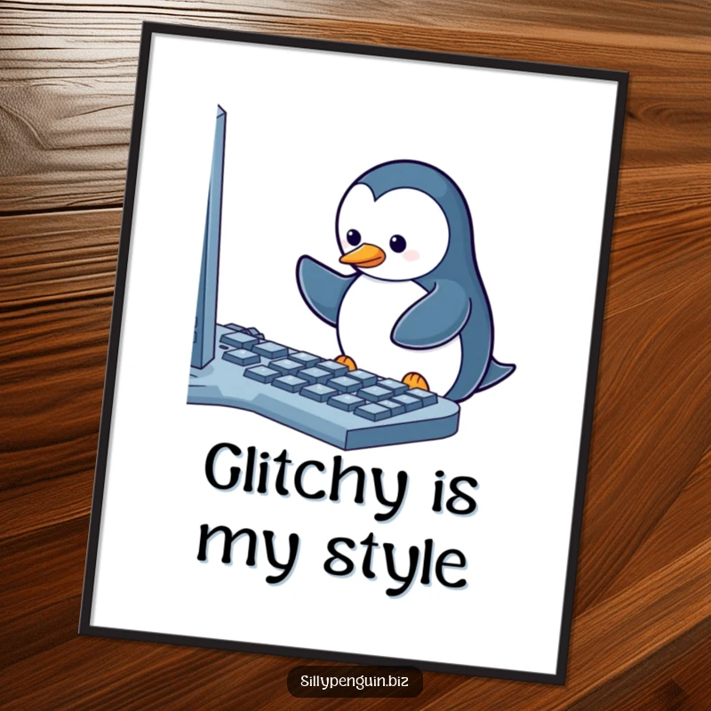 Funny Digital Art Print: Penguin Frantically Pecking at a Computer Keyboard with One Stuck Key