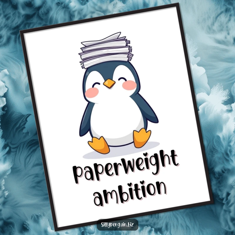Funny Digital Art Print: Penguin Unsteadily Balancing a Stack of Papers on its Wobbly Head