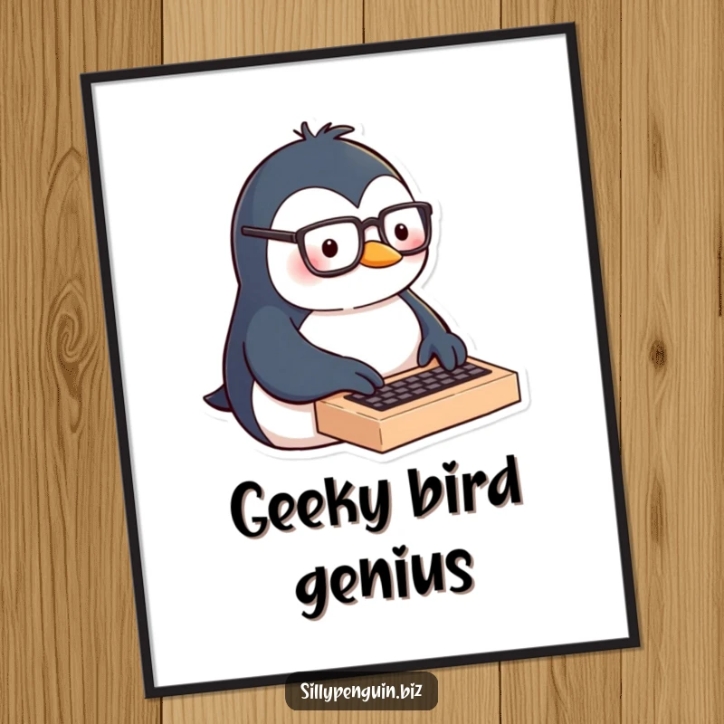 Funny digital art print of a penguin wearing glasses, typing with great enthusiasm on a miniature keyboard.