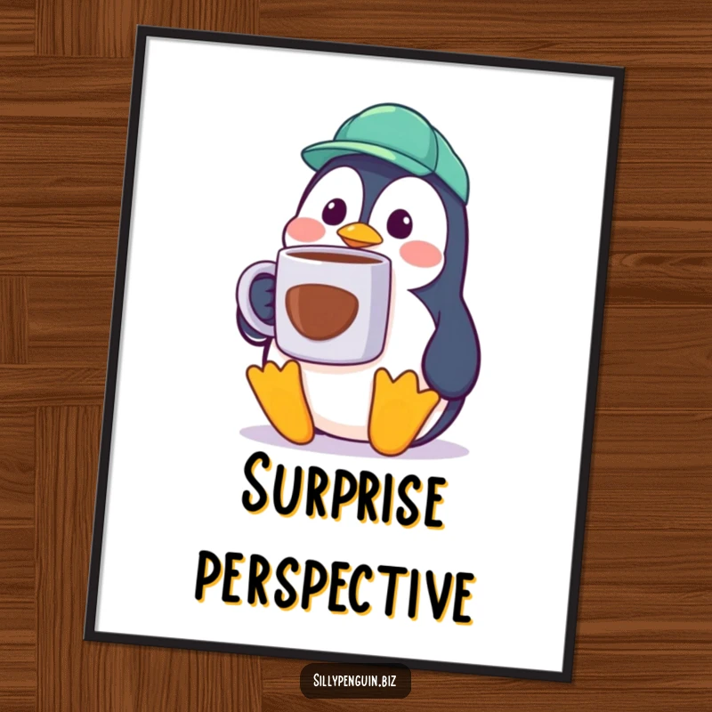 Funny Penguin Digital Art Print, surprised cubicle worker with a giant coffee mug, humorous office wall art.