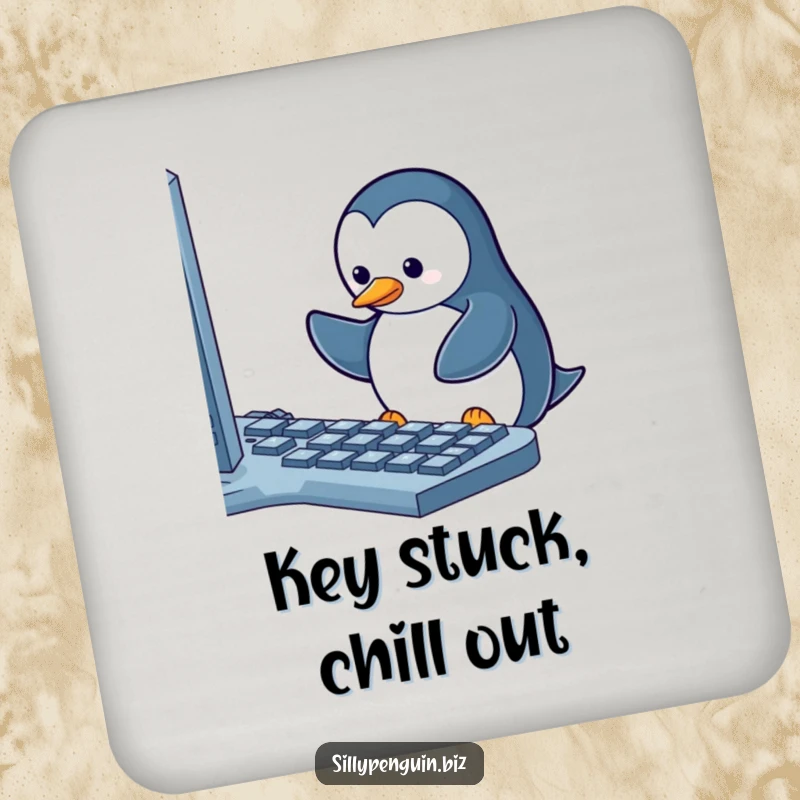 Funny Coaster: Penguin Energetically Typing on a Keyboard with One Key Stuck, protecting surfaces