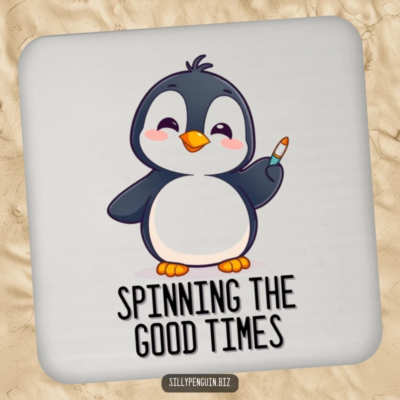Funny Coaster: Penguin Spinning a Pen on its Flipper, cheerful and protective