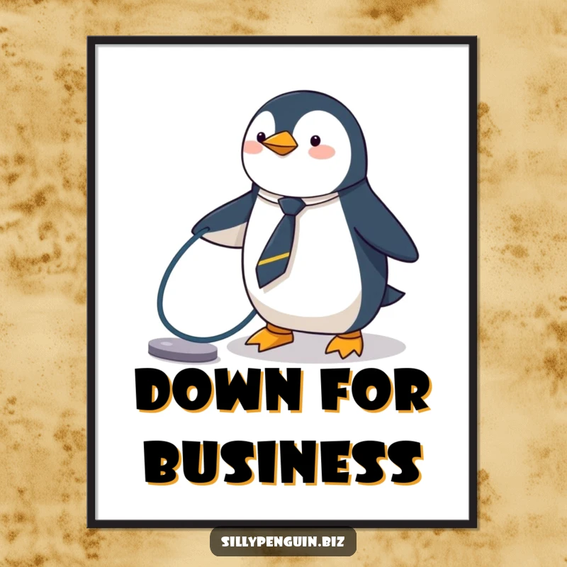 Funny Penguin Poster, wearing a tiny tie, tripping over a computer cable, humorous tech decor.