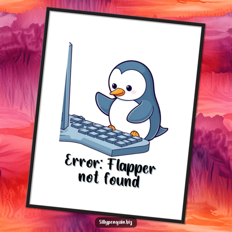 Funny Poster: A Penguin's Enthusiastic but Stuck-Key Battle with a Computer Keyboard, office humor art