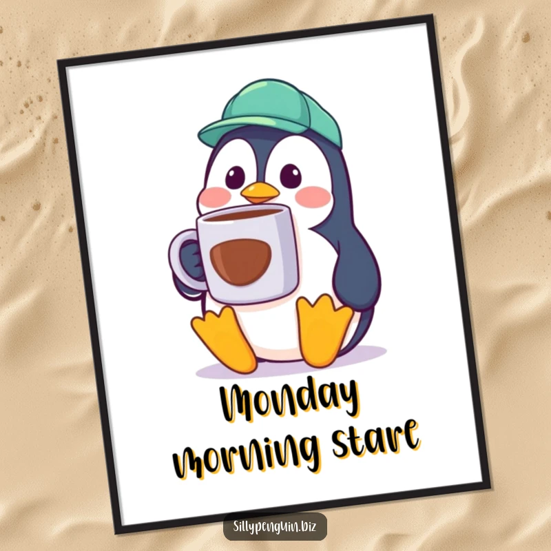 Funny Penguin Poster, surprised cubicle worker, oversized coffee mug, humorous office decor, wall art.