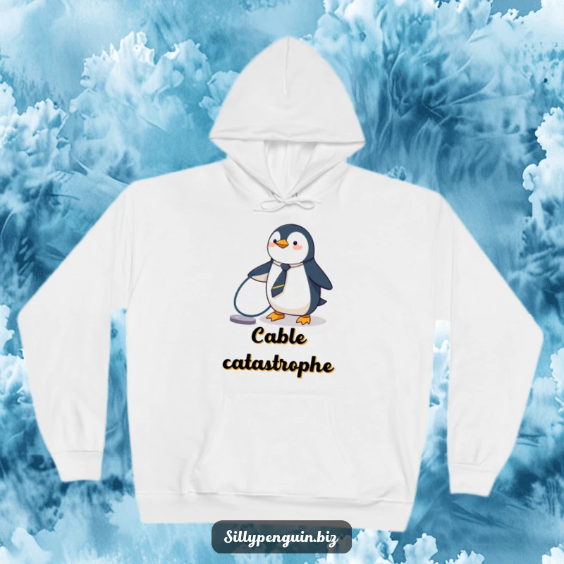 Funny Penguin Hoodie, wearing a tiny tie, tripping over a computer cable, humorous tech apparel.