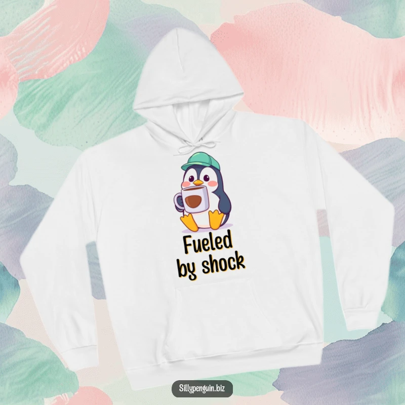 Funny Penguin Hoodie, surprised cubicle worker, oversized coffee mug, warm and humorous apparel.