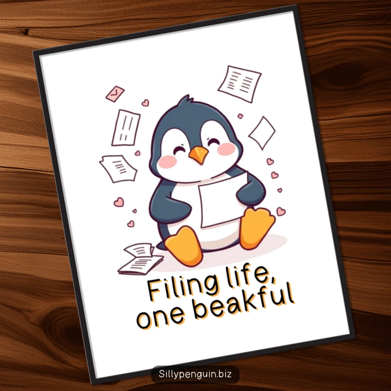 Funny Free Printable Wall Art: A penguin filing papers with its beak, creating a comical blizzard of documents.