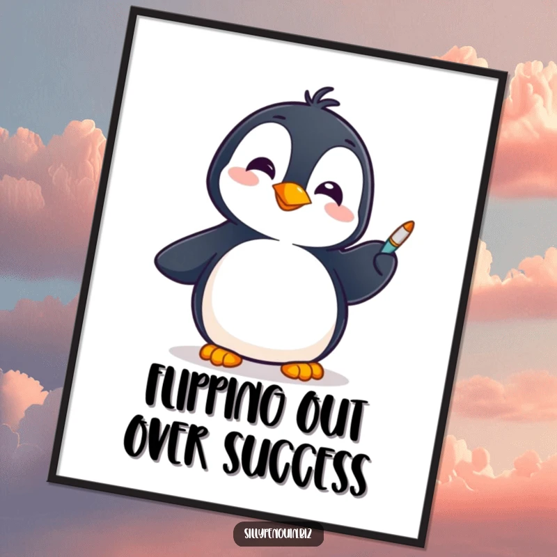 Funny free printable wall art of a happy penguin skillfully spinning a pen on its flipper with a twinkle.