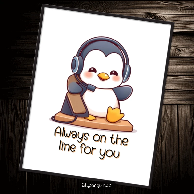 Funny free printable wall art of a penguin in a headset, energetically answering a ringing telephone with a smile.