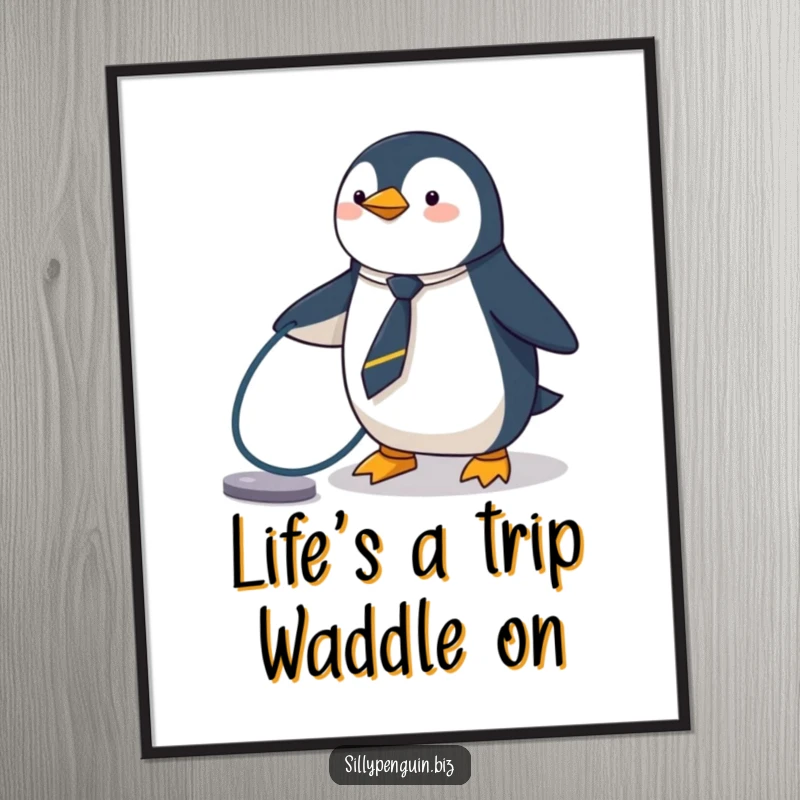Funny Free Printable Wall Art: A penguin in a tiny tie takes a tumble over a computer cable, looking surprised.
