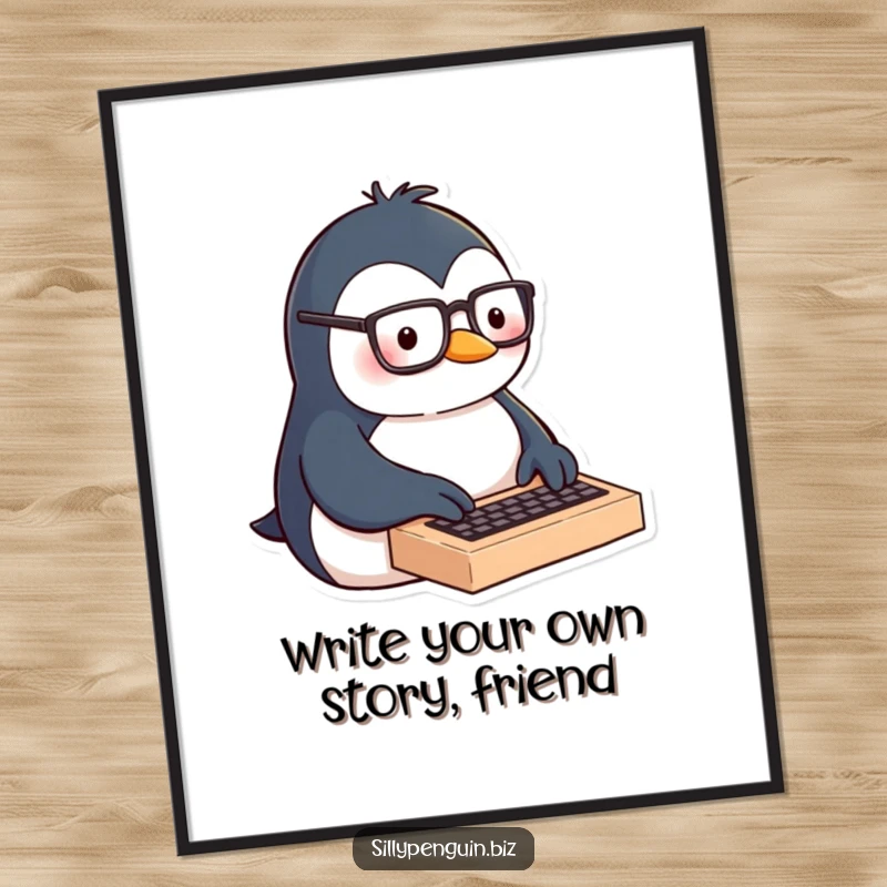 Funny Free Printable Wall Art: A penguin wearing glasses, typing with great enthusiasm and focus on a miniature keyboard.
