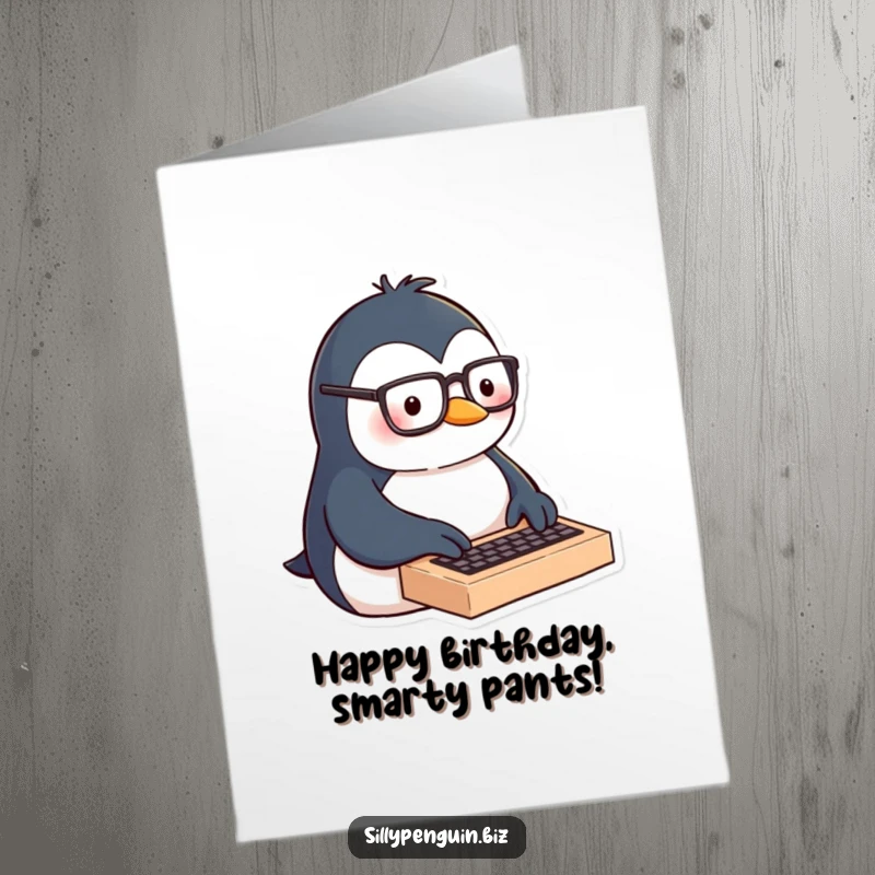 Funny Free Printable Birthday Card: A penguin wearing glasses intently typing on a tiny keyboard, looking very focused.