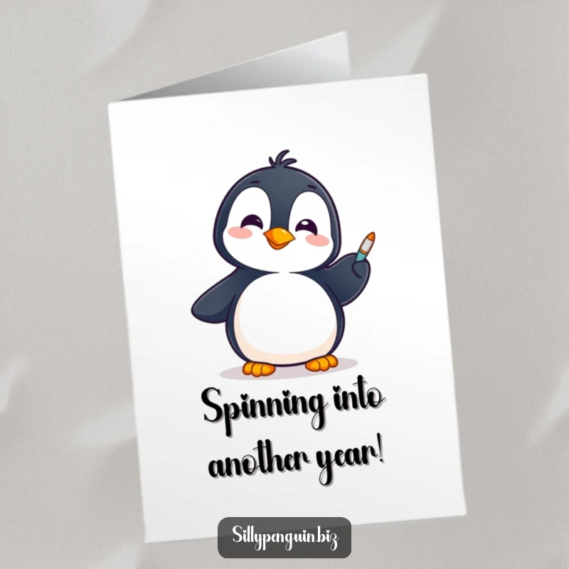 Funny free printable birthday card of a cheerful penguin expertly spinning a pen on its flipper.
