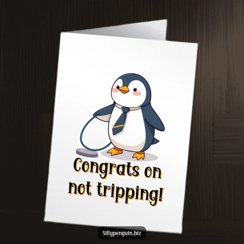 Funny Free Printable Congratulations Card: A penguin wearing a small tie hilariously trips over a computer cord.