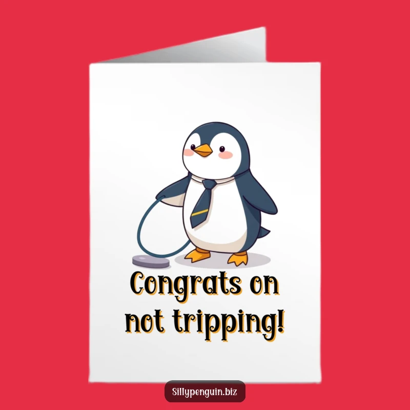 Free Printable Penguin Congratulations Card: Tripping Tie-Wearing Penguin Funny Downloadable Gift