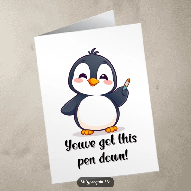 Funny free printable congratulations card showing a penguin joyfully spinning a pen, ready for anything.