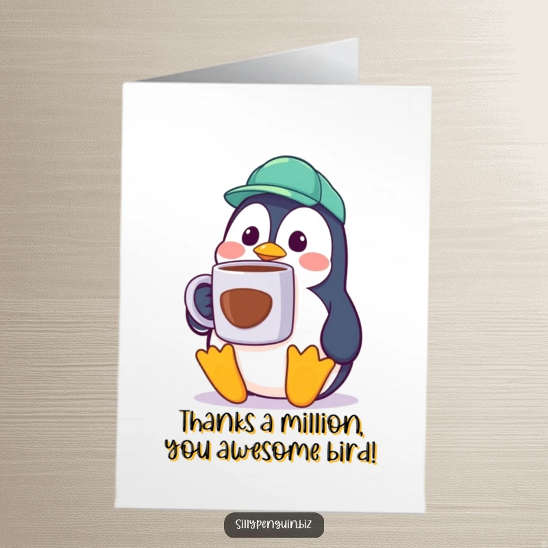Funny Free Printable Thank You Card: Penguin cubicle worker clutching a massive coffee mug, looking utterly surprised.