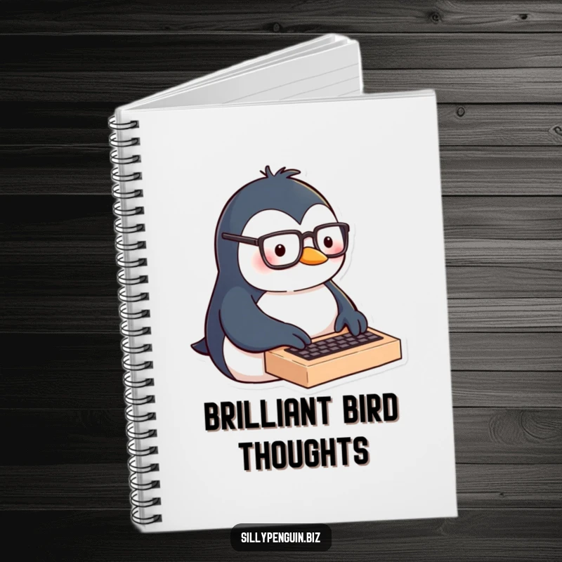 Funny notebook with a penguin wearing glasses enthusiastically typing on a miniature keyboard, inspiring focused writing.