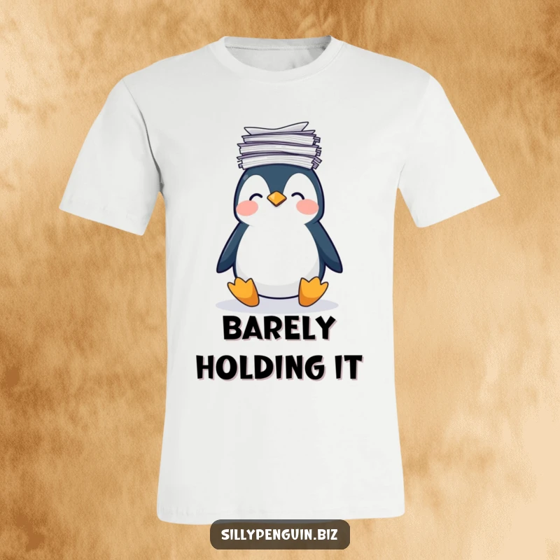 Funny T-Shirt: Penguin Looking Unsteady While Balancing a Large Stack of Papers on its Head