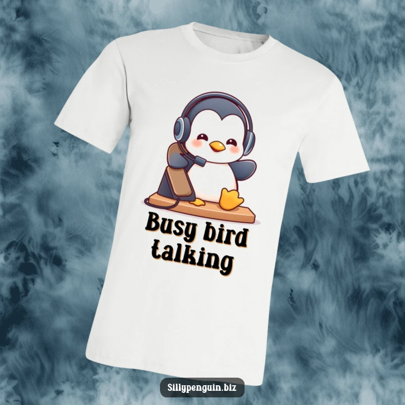 Funny T-Shirt: Penguin in a Small Headset Playfully Answering a Ringing Desk Phone