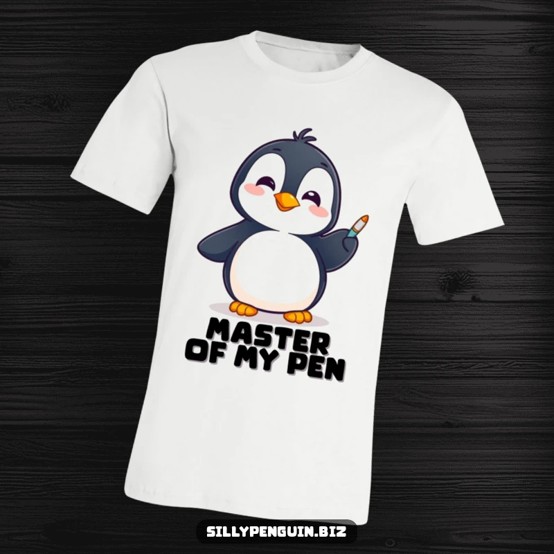 Funny T-Shirt: A Penguin with a Cheerful Expression Spinning a Pen on its Flipper