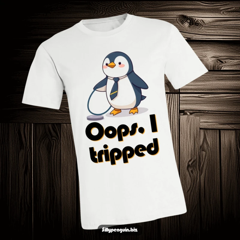 Funny Penguin T-Shirt, wearing a tiny tie, hilariously tripping over a computer cable, tech mishap.