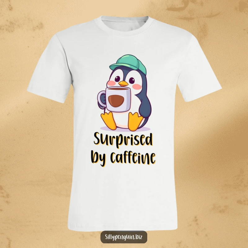 Funny Penguin Cubicle Worker T-Shirt, surprised expression, holding a comically large coffee mug, office life.