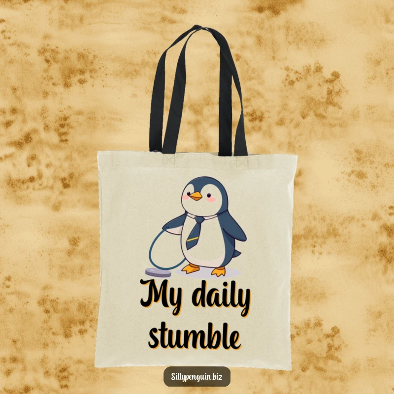 Funny Penguin Tote Bag, wearing a tiny tie, tripping over a computer cable, practical and humorous.