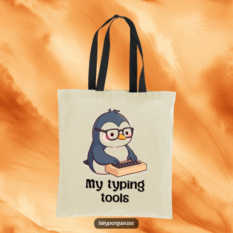 Funny tote bag with a penguin wearing glasses, typing with great enthusiasm on a tiny keyboard.