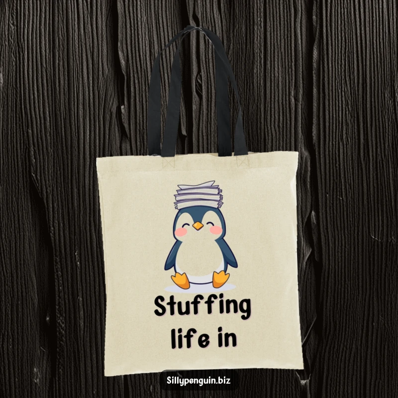 Funny Tote Bag: Penguin Unsteadily Balancing a Stack of Papers on its Wobbly Head, office theme